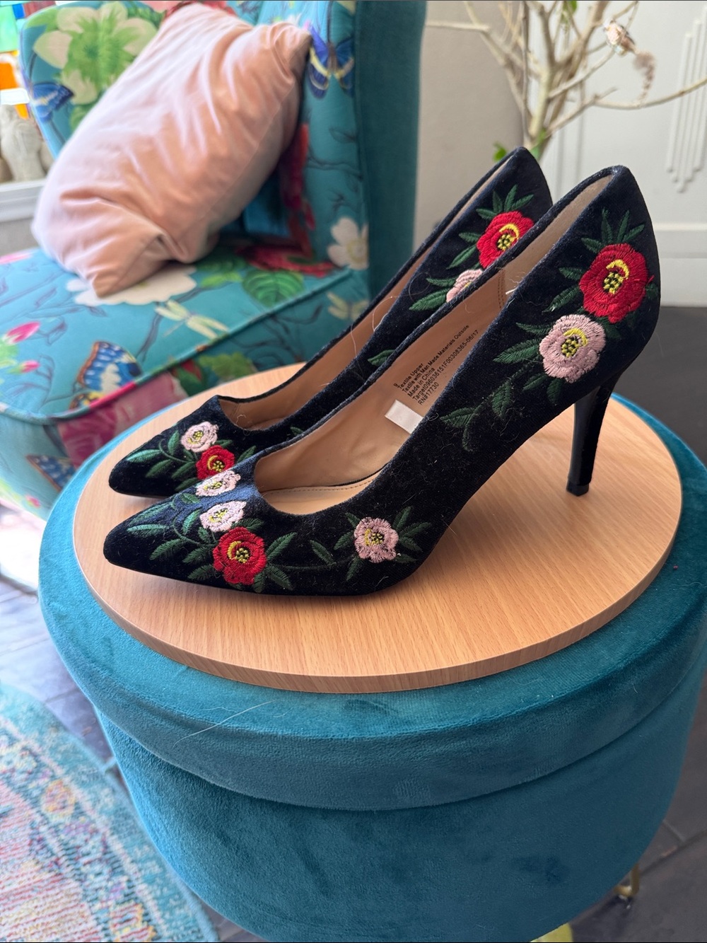 a new day Black Velvet Pointed-Toe Pumps with Red and Pink Floral Embroidery